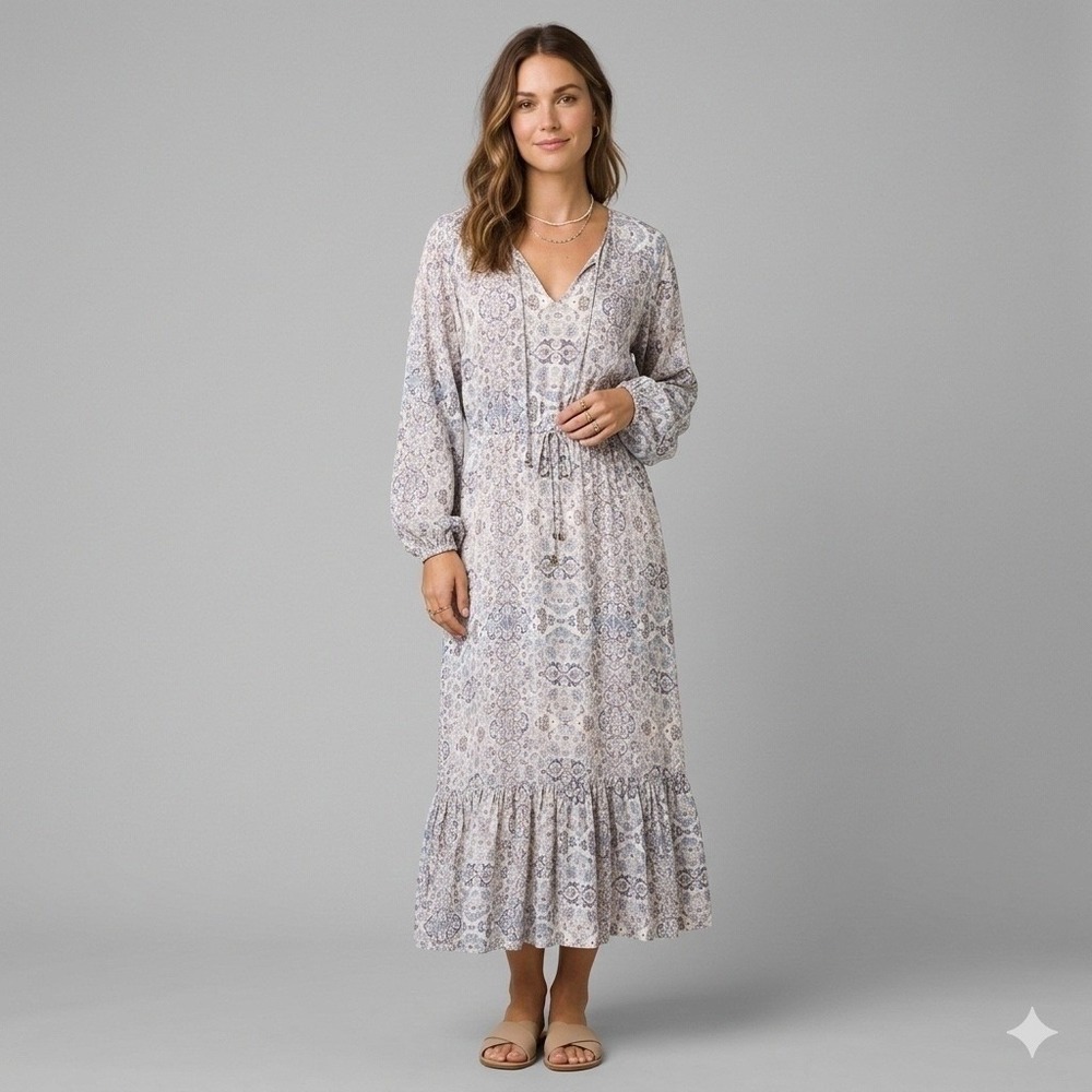Roller Rabbit Blue Pink Floral Olaya Maxi Dress Long Sleeve Size Large